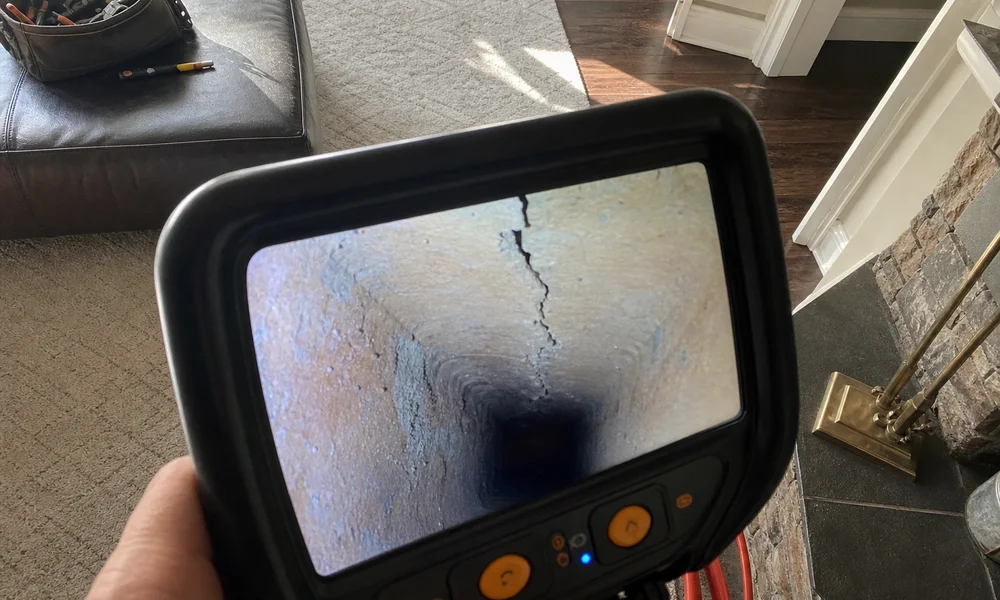 Video scan screen showing a visible crack inside a chimney flue